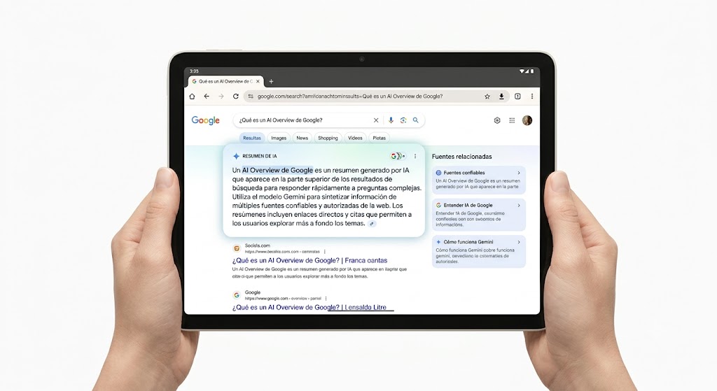 Qué es un AI Overview de Google con citas de fuentes en los resultados de búsqueda
